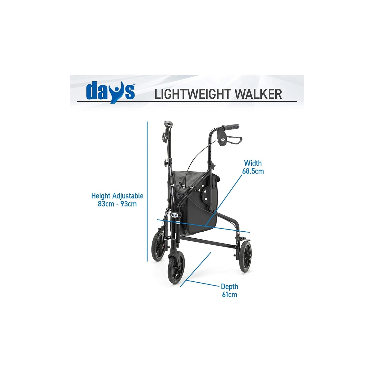 Days Aluminium Lightweight Tri-Wheel Walker - Graphite