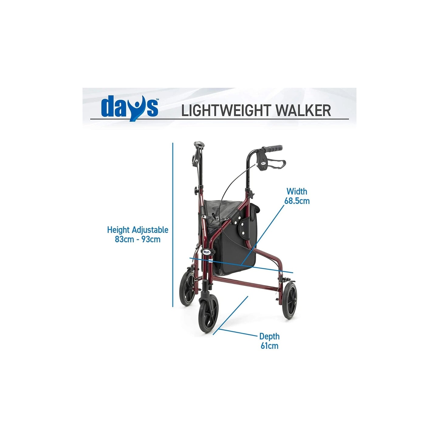 Days Aluminium Lightweight Tri-Wheel Walker - Ruby Red